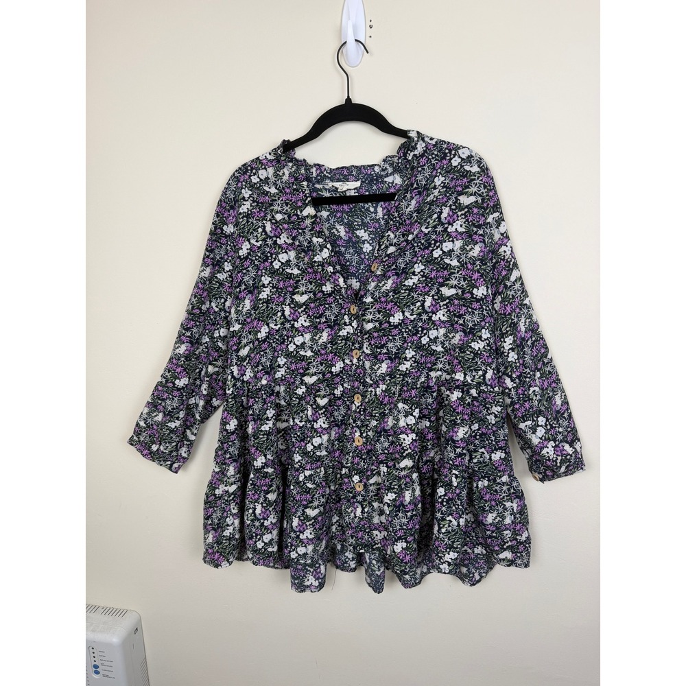Entro Floral Babydoll Blouse Navy Purple White Tiered Ruffle Button Front L